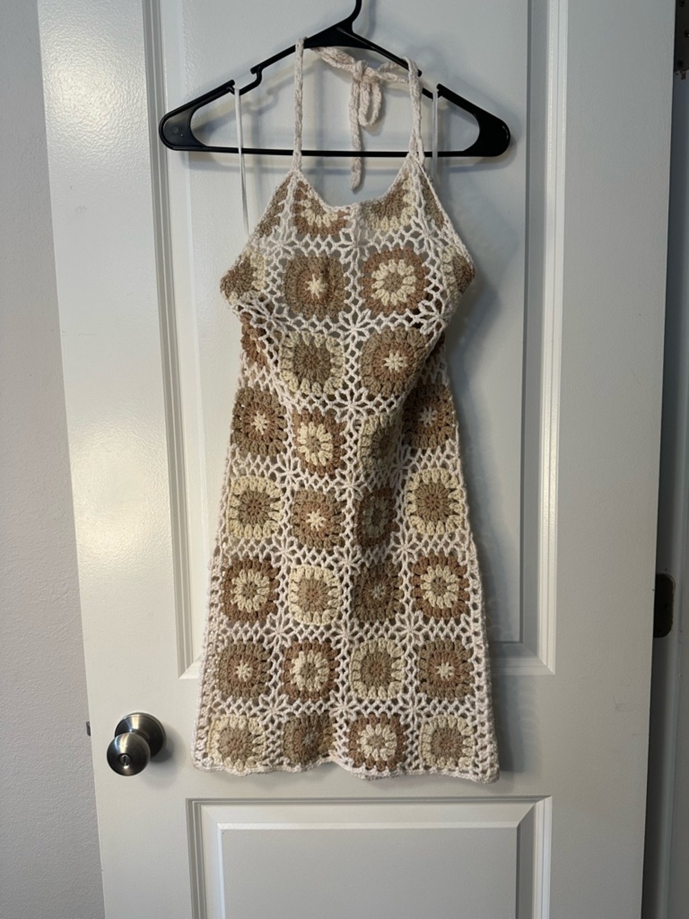 Ocean Drive Crochet Mini Dress in Cream and Tan